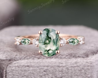 Ovale Moss Agate verlovingsring art deco massief gouden Ring unieke Cluster Marquise moissanite trouwring Promise ring voor vrouwen Verjaardag