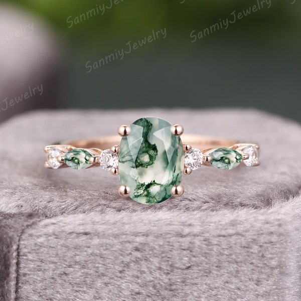 Oval Moss Agate engagement ring art deco solid gold Ring unique Cluster Marquise moissanite wedding ring Promise ring for women Anniversary