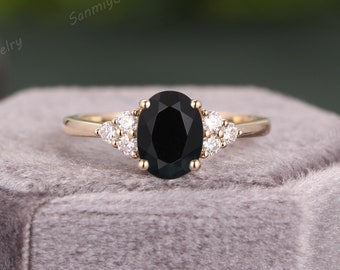 Vintage Black Onyx engagement ring Oval Cut solid gold Ring unique Cluster diamond moissanite wedding ring bridal Promise ring Anniversary