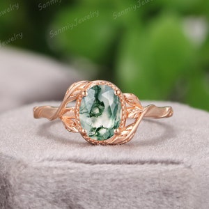 Handmade Dainty Moss Agate Engagement Ring, Nature Inspired Oval Cut Promise Ring 14K Rose Gold, Vintage Leaf Wedding Ring for Women Gift