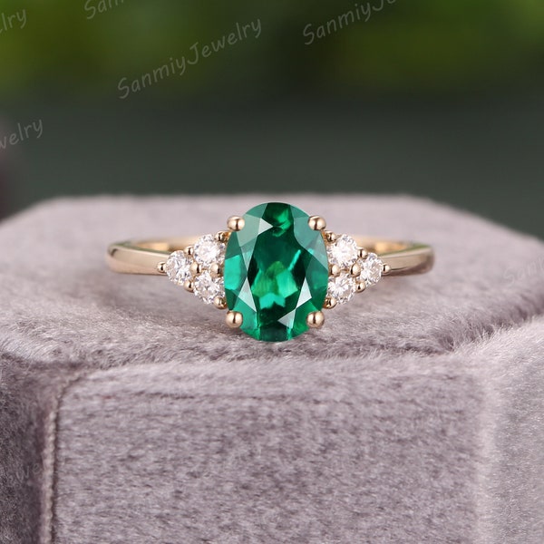Emerald engagement ring oval cut solid gold unique engagement ring vintage Cluster Moissanite wedding Ring Anniversary promise ring for her