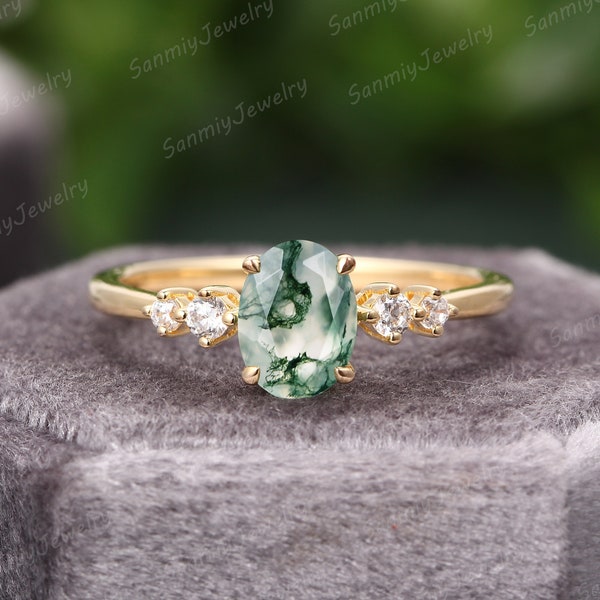 Unique Oval Cut Moss Agate Engagement Ring for Her, Art Deco Nature Inspired Vintage 14K Gold Moissanite Promise Ring with Minimalist design