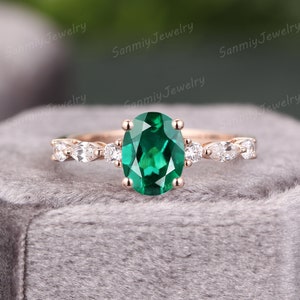 Emerald engagement ring Oval unique 14k gold ring vintage Cluster Marquise Moissanite wedding Ring bridal Promise Ring Anniversary for women