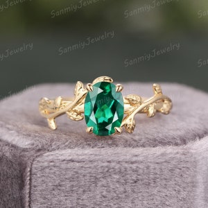 Vintage Emerald engagement ring Oval cut Art deco 14K solid gold leaf Ring nature inspired ring wedding ring bridal Promise ring for women