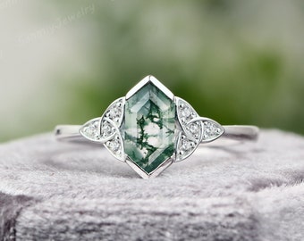 Hexagon Cut Silver Moss Agate Engagement Ring for Women, 14K Gold Unique Green Gemstone Promise Ring with Leaf Design for Nature Lovers