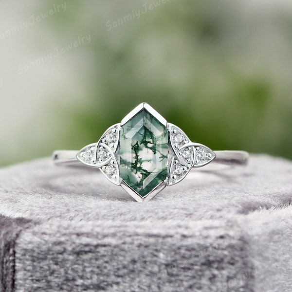 Hexagon Cut Silver Moss Agate Engagement Ring for Women, 14K Gold Unique Green Gemstone Promise Ring with Leaf Design for Nature Lovers