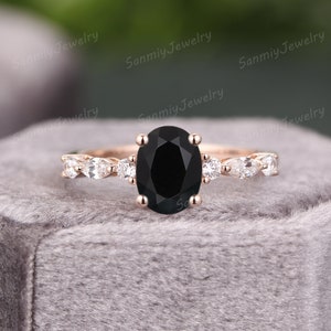 Unique Black Onyx engagement ring Oval 14k rose gold ring vintage Cluster Marquise Diamond Moissanite wedding Ring bridal Promise Ring women