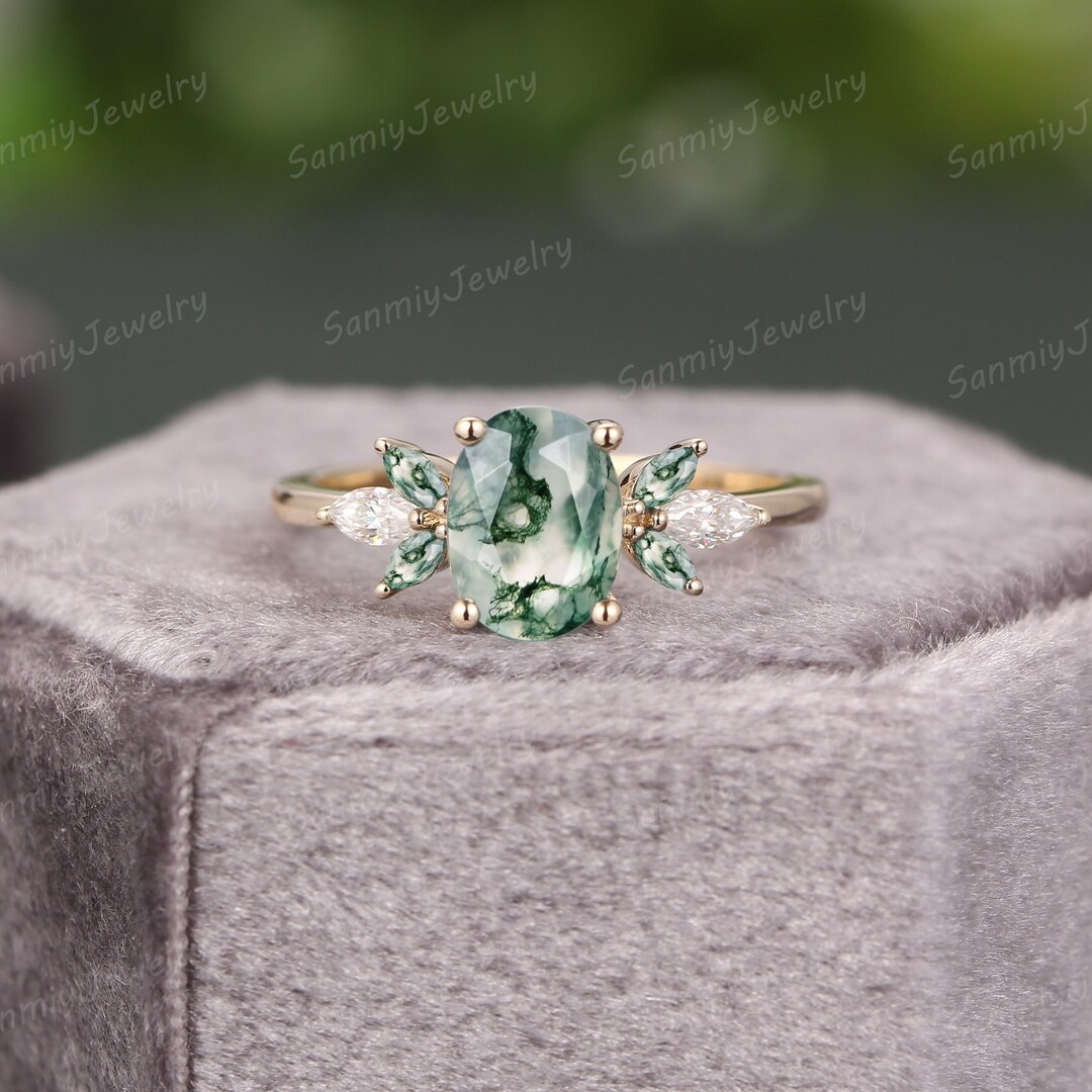 Moss Agate Engagement Ring Oval Cut Art Deco Solid Gold Ring