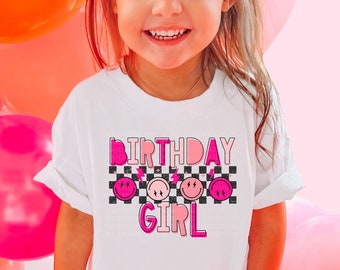 Birthday Girl Shirt Pink Happy Face Birthday Girl Tee Birthday Girl T-Shirts Checkered Birthday Girl Tee Birthday Party Outfit for Girls