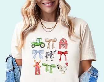 Cute Farm Animal Coquette Shirt Farmer T-Shirt Farm Shirt Country T-Shirt Chicken Shirt Cow Shirt Farm Graphic Tee Farmer Gift Kids Farm Tee