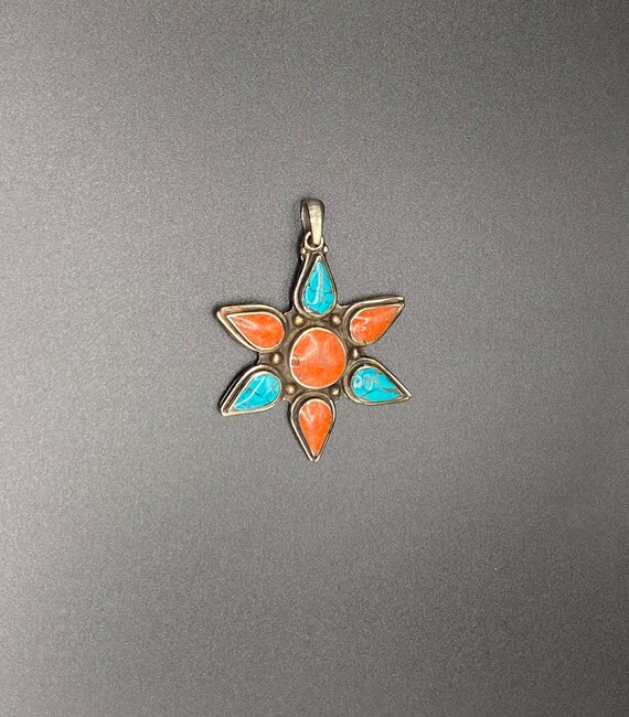 Tibetan nepali silver pendent turquoise coral (051GH2)