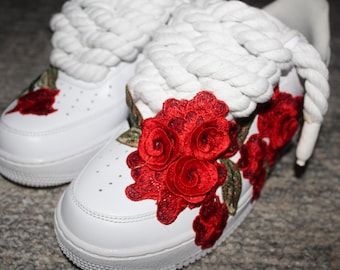 Custom Red Rose Patch AF1s | Floral Appliqué Sneakers with Rope Laces