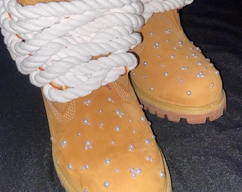 Custom Pearl Embellished Timberland Boots with Thick Rope Laces | Unique Streetwear Fashion |Handmade Statement Boots