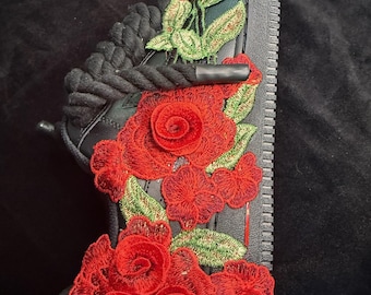 Custom Black Red Rose Patch AF1s | Floral Appliqué Sneakers with Rope Laces