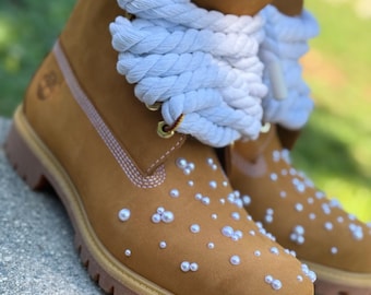 Custom Pearl Embellished Timberland Boots with Thick Rope Laces | Unique Streetwear Fashion |Handmade Statement Boots