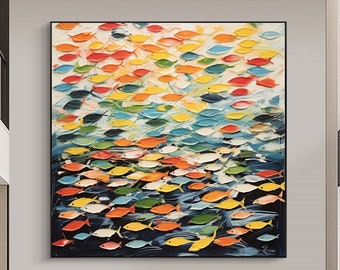 Abstract Colorful Fishes Oil Painting on Canvas, Large Wall Art Original Swimming Fish Art, Custom Painting Minimalist Decor Living Room Art