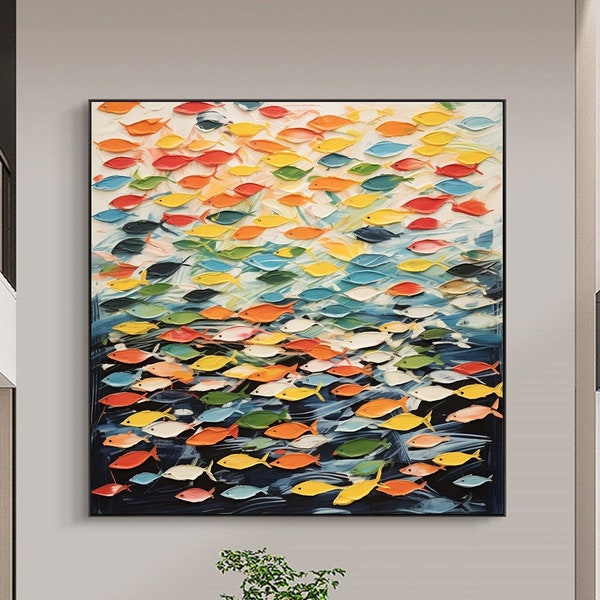 Abstract Colorful Fishes Oil Painting on Canvas, Large Wall Art Original Swimming Fish Art, Custom Painting Minimalist Decor Living Room Art