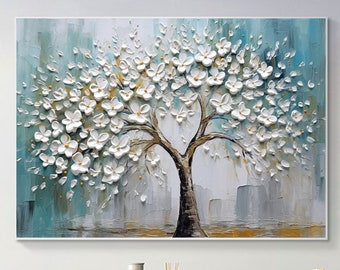 Pittura a olio astratta dell'albero in fiore su tela, pittura personalizzata di grande arte della parete, decorazione originale della parete del fiore di arte bianca decorazione della casa del soggiorno