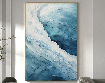 Vague de l'océan originale peinture à l'huile sur toile, grand art mural abstrait mer calme art mural bleu, peinture personnalisée art minimaliste décoration d'intérieur