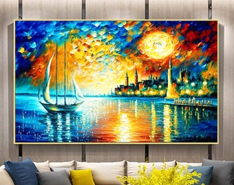 Original Coastal Cityscape Oil Painting On Canvas,Large Wall Art, Abstract Colorful Landscape Art,Nautical Painting Modern Living Room Decor