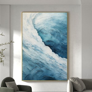 Original Ocean Wave Oil Painting On Canvas, Large Wall Art Abstract Calm Sea Wall Art Blue Decor, Custom Painting Minimalist Art Home Decor