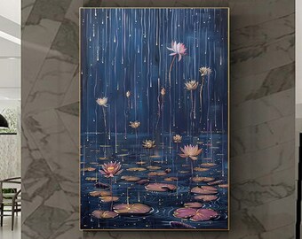 Peinture à l'huile florale originale de pluie sur la toile, grande art mural abstrait texturé de paysage de fleurs de pluie, décoration de salon moderne personnalisée