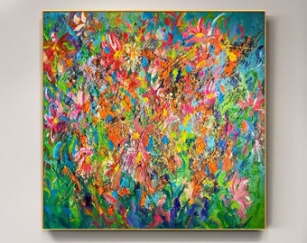 Abstrakte bunte strukturierte Blumen Ölgemälde auf Leinwand, große ursprüngliche moderne Blumenlandschaft Acryl Wand Kunst Schlafzimmer Haus Frühling Dekor