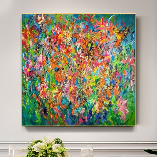 Peinture à l'huile abstraite colorée de fleurs texturées sur toile, grand paysage floral moderne original acrylique, art mural chambre à coucher, décoration de printemps