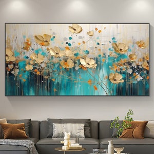 Abstract Gold Flower Oil Painting On Canvas, Large Wall Art, Original Floral Landscape Painting, Blue Custom Painting, Living room Decor