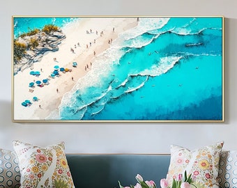 Original Beach Oil Painting On Canvas, Large Wall Art Abstract Ocean Art Blue Decor Custom Painting Minimalist Living Room Art Summer Decor
