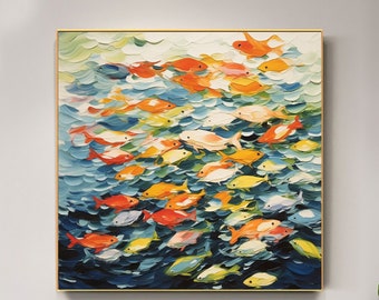 Peinture à l'huile originale de poissons colorés sur la toile, grand art mural abstrait art de poisson de natation, peinture personnalisée art minimaliste décoration de salon
