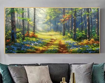 Original Forest Landscape Oil Painting on Canvas, Large Wall Art Abstract Green Nature Wall Art Tree Painting Modern Living Room Wall Decor