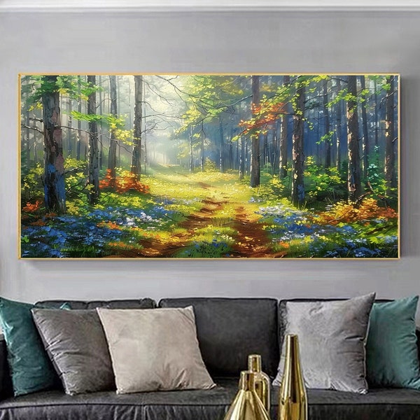 Original paysage forestier peinture à l'huile sur toile, grand art mural abstrait nature verte art mural arbre peinture moderne salon décoration murale