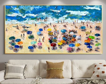 Pittura a olio astratta originale paesaggio marino sulla spiaggia su tela, grande arte murale, pittura per feste estive, arte del nuoto, pittura personalizzata, decorazioni per la casa
