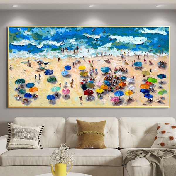 Abstract Original Beach Seascape Oil Painting On Canvas, Large Wall Art, Summer Party Painting, Swimming Art, Custom Painting, Home Decor