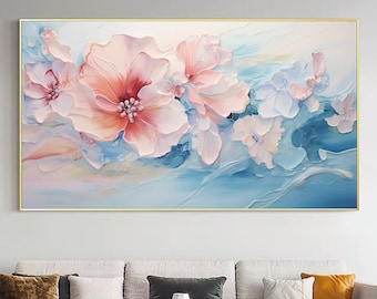 Abstraktes Blüten-Ölgemälde auf Leinwand, große Wandkunst, Original rosa Blumen-Wandkunst, individuelle Malerei, moderne Wohnzimmer-Wanddekoration