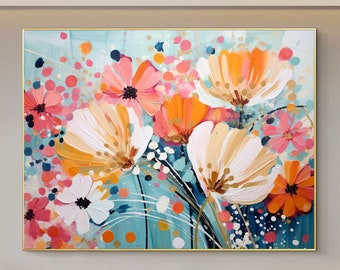 Grande peinture à l'huile de fleur abstraite sur toile d'art mural, art paysage floral coloré original, peinture en fleurs, décoration murale moderne pour chambre à coucher