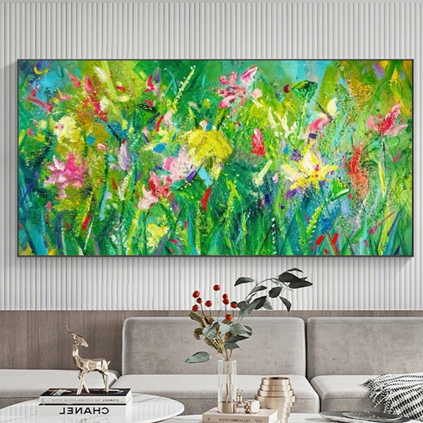 Peinture à l'huile abstraite de paysage de fleurs sur la toile, grande art mural original vert printemps, peinture florale en fleurs, salon moderne, décoration d'intérieur