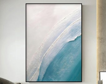 Original Beach Seascape Oil Painting on Canvas, Large Abstract Minimalist Blue Ocean Acrylic Painting Modern Wall Art Living Room Home Decor