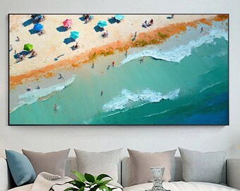 Pintura al óleo abstracta de playa sobre lienzo, arte de pared grande, pintura original del océano, decoración de pared boho, pintura personalizada, decoración de pared de sala de estar
