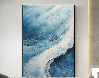 Vague de l'océan originale peinture à l'huile sur toile, grand mur d'art abstrait mer, art mural bleu, peinture personnalisée, décoration de salon minimaliste