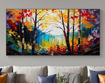 Abstract Forest Oil Painting On Canvas,Large Wall Art,Original Colorful Tree Painting,Boho Wall Décor,Custom Painting,Living room Wall Decor