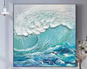 Pintura al óleo abstracta de olas oceánicas sobre lienzo, arte de pared grande, decoración azul de arte minimalista original, decoración de sala de estar de pintura personalizada