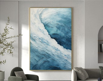 Vague de l'océan originale peinture à l'huile sur toile, grand art mural abstrait mer calme art mural bleu, peinture personnalisée art minimaliste décoration d'intérieur