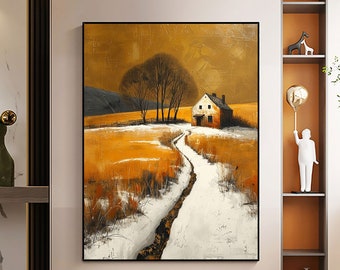 Original Village Landscape Oil Painting on Canvas,Large Wall Art Abstract Yellow Filed Painting Road Art Living Room Decor Personalized Gift