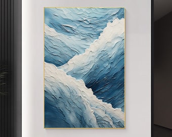 Pintura al óleo abstracta de olas oceánicas sobre lienzo, arte de pared grande, arte original de la pared del mar, decoración azul, pintura personalizada, decoración minimalista de la sala de estar