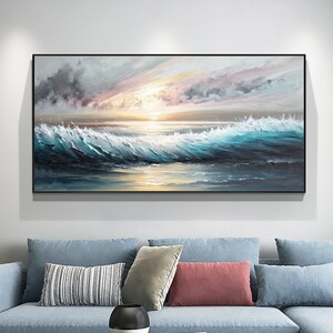 Abstract Ocean Wave Oil Painting On Canvas, Large Wall Art Original Sunset Landscape Art Custom Painting Minimalist Living Room Decor Gift