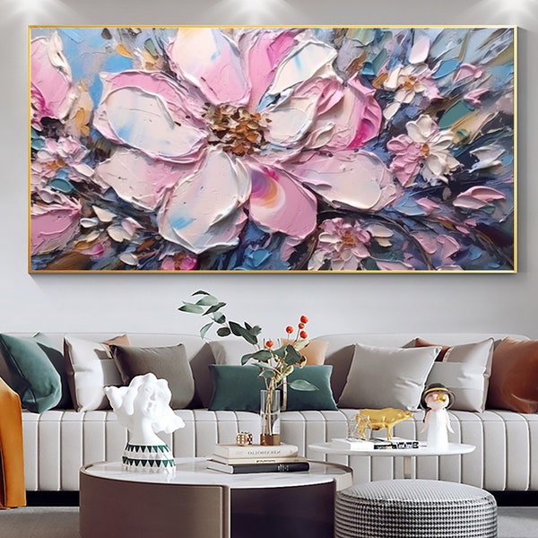 Grandes fleurs originales, peinture à l'huile sur toile, oeuvre d'art murale en toile, peinture florale rose abstraite, peinture personnalisée, décoration murale tendance