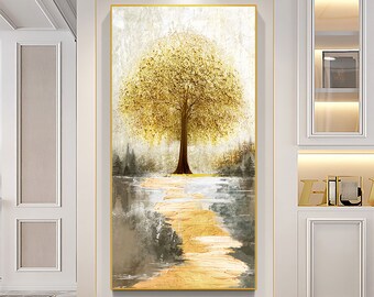 Abstract Tree Landscape Oil Painting On Canvas, Large Wall Art, Custom Painting, Original Gold Minimalist Art Modern Living room Home Decor