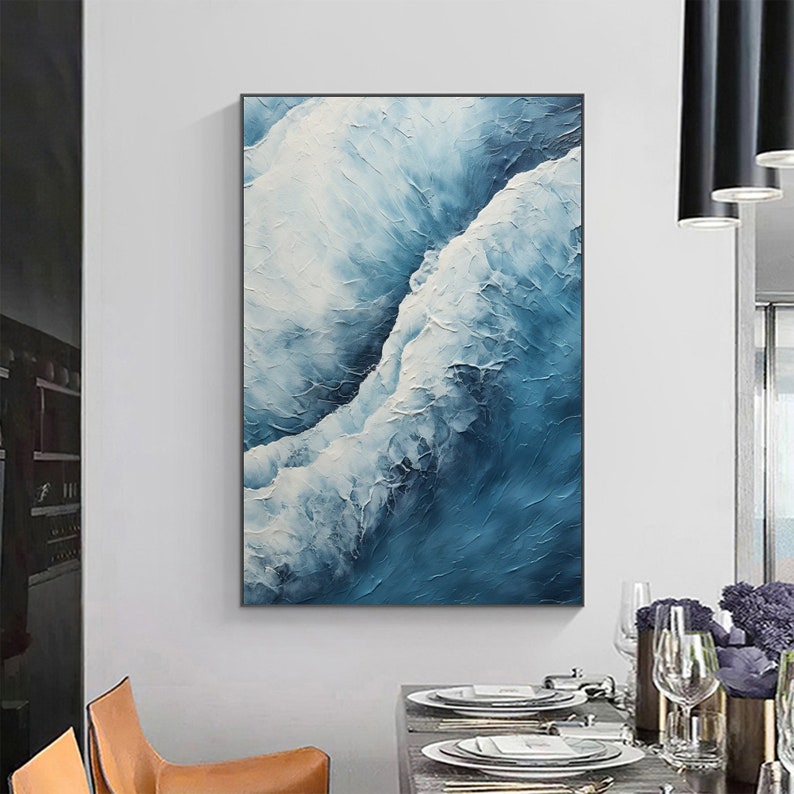 Abstract Ocean Wave Oil Painting On Canvas, Large Wall Art Original Sea Wall Art Blue Decor, Custom Painting Minimalist Living Room Decor